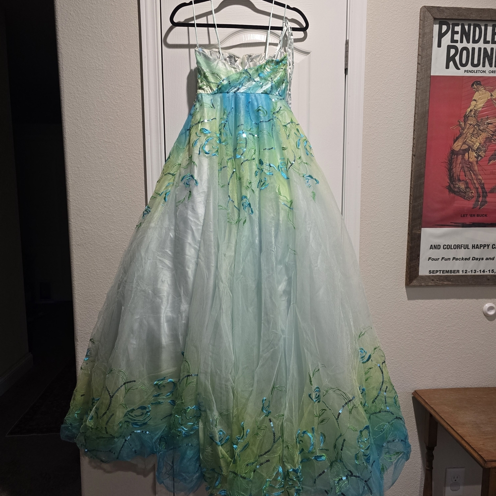 Strapless Blue and Green Floral Gown - Picture 4 of 5